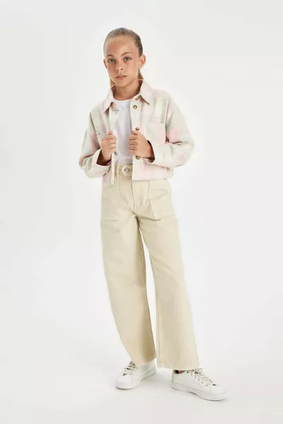 Kız Çocuk Wide Leg Geniş Bol Paça Cepli Pamuklu Bej Okul Pantolonu AU