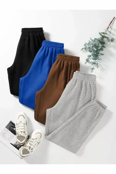 Pantaloni Jogger Basic 4 pezzi - Nero, Blu Sax, Marrone, Grigio con polsini elastici e vita alta