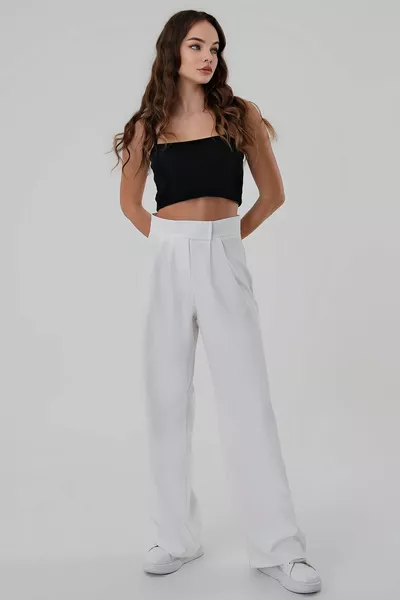 Women's White High Waist Velcro Palazzo Pants