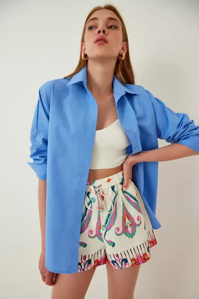 Mittelblaues Oversize-Basic-Hemd für Damen 