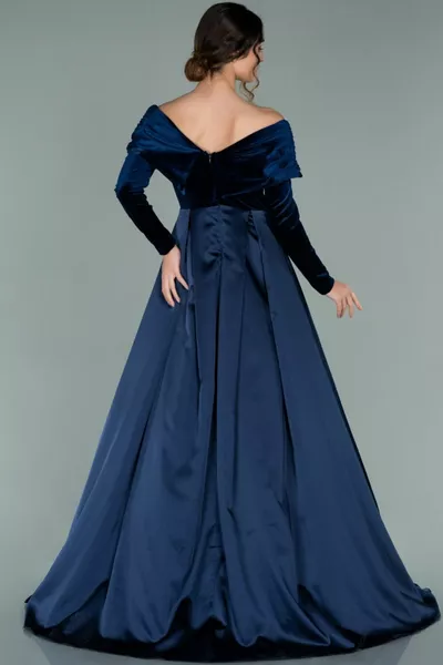 Lacivert Kadife Uzun Kol Tafta Abiye Elbise 