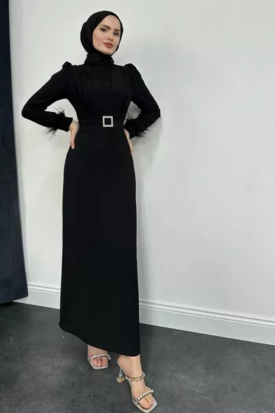 Stell Sleeves Feather Detail Pen Evening Dresses Black