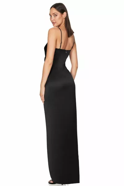 Strapless acetate satin evening dress with straps