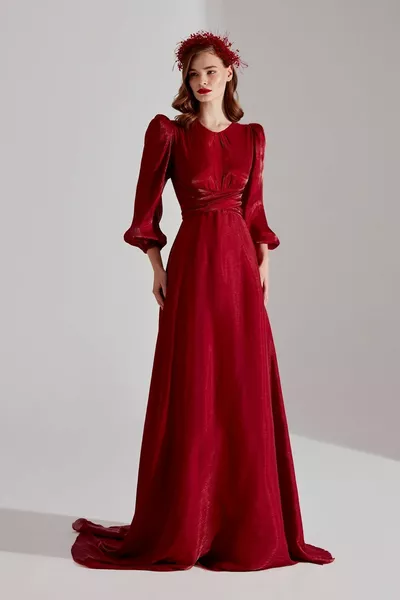 بولينا أحمر داكن بالون كم فستان واسع