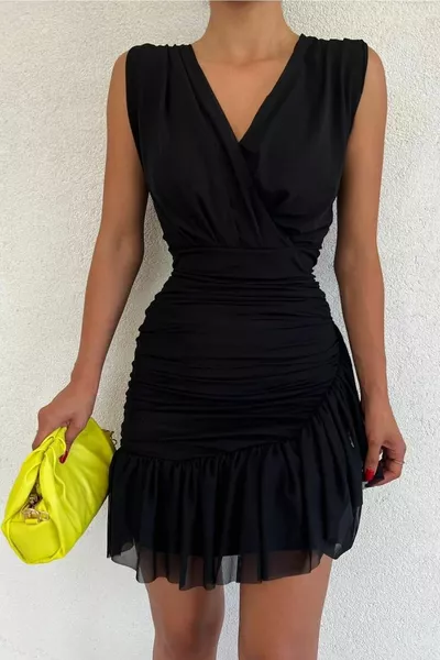 Lined Tulle Fabric Double-Breasted Collar Design Sleeveless Black Mini Evening Dress 