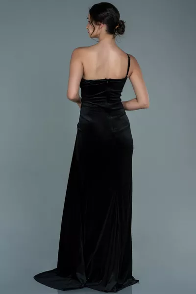 Black Single Shoulder Leg Low-Cut Long Velvet Evening Dress 