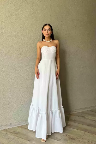 فستان طويل مع حزام أبيض تفاصيل التعادل