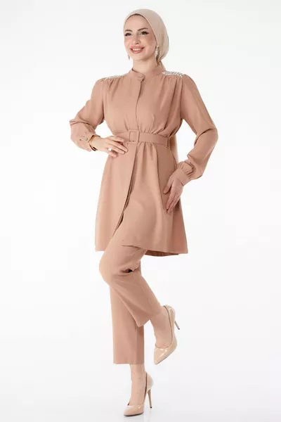 Straight Judge Collar Women's Mink Stone Tunic + Pants - 