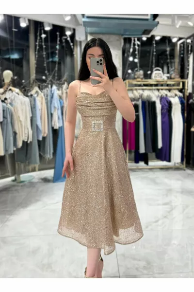 Mariana Спереди Драпированный Пайетки Блестящий Пояс Платье-Золото