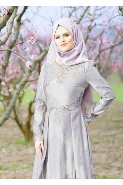 Damen Beige (STONE) Richterkragen Perlenbesticktes Abendkleid 