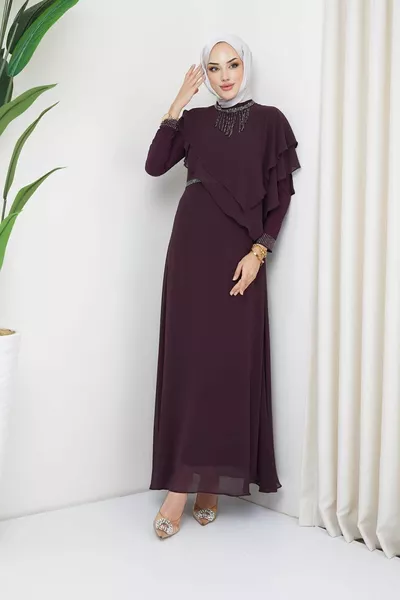 Stone and Flywheel Detailed Chiffon Hijab Evening Dress PLUM 