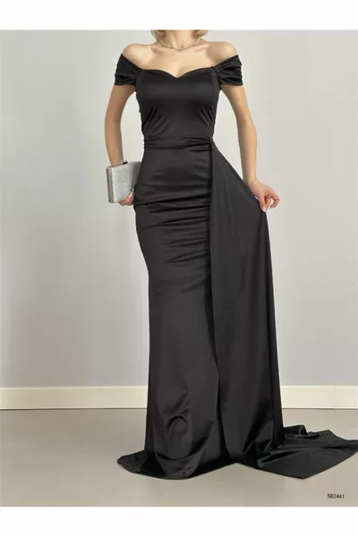 Wakka Tailed Satin Evening Dresses  BLACK