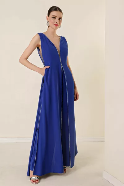 V-neck thick straps front and side tulle details double side and middle stone detailed jumpsuit saks