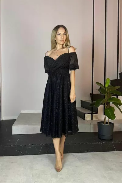  Heart Collar Draped Glitter Evening Dress Black