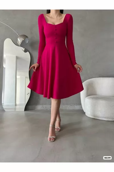 قلب طوق كم طويل زر تصميم ميدي طول مساء اللباس