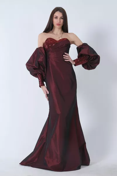 Накладные рукава-баллоны Тафта Вечернее платье бордового цвета 