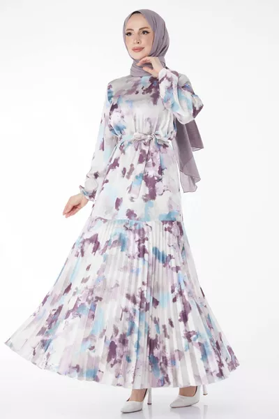 مستقيم طاقم الرقبة المرأة أرجواني تنورة مطوي مفصلة منقوشة مساء اللباس - 