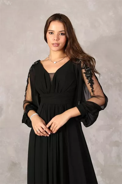 ROBE DE SOIRÉE NOIRE DE MARIAGE GUIPURE À MANCHES LARGES