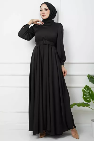 Разкроена вечерна рокля с аксесоари за колани BLACK 