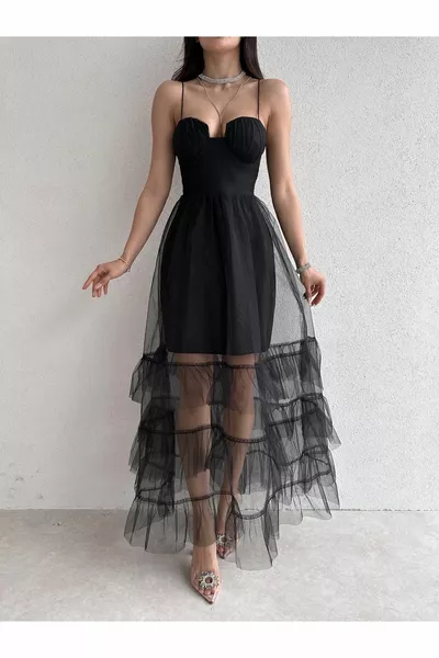 المرأة اللباس تصميم تول مفصلة ماكسي طول طويل فستان أسود مع الأشرطة