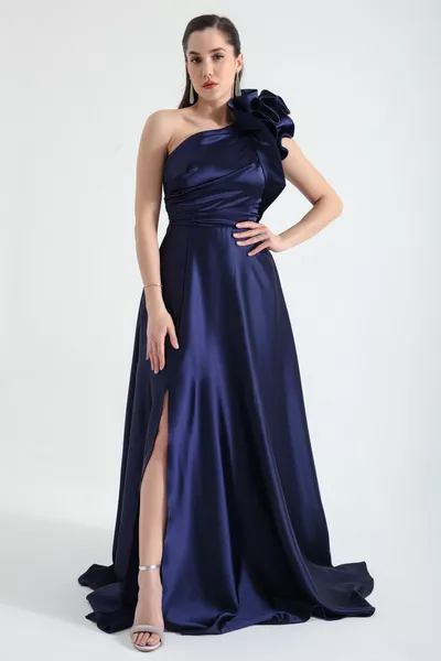 المرأة الأزرق الداكن كتف واحد تكدرت مساء اللباس الطويل