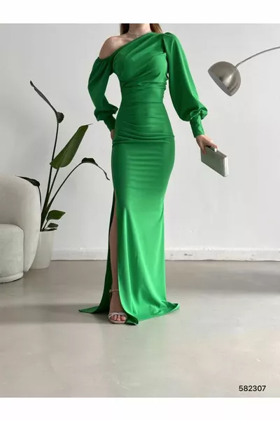 Off-the-Shoulder Design Long Sleeve Slit Maxi Length Evening Dress