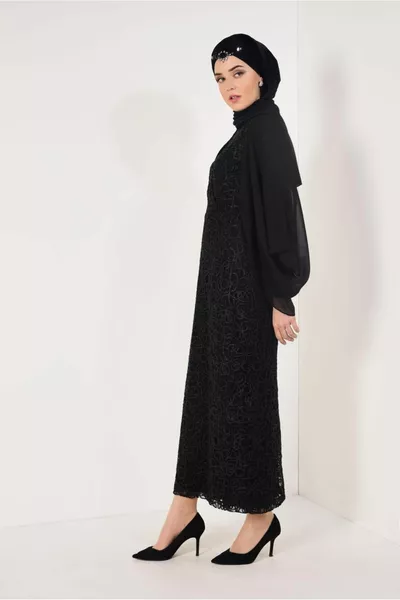 نسائي أكمام سوداء مكشوفة الكتف تول فستان سهرة مفصل T 