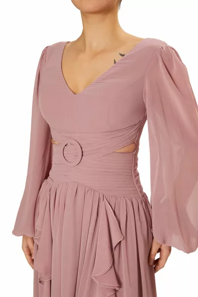 Chiffon lange mouwen met kleine zijraampjes Gewelfde korte binnenvoering Ruches Detail vanaf de taille naar beneden