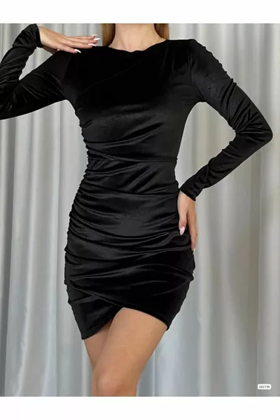 Дълъг ръкав асиметричен дизайн мини кадифе рокля