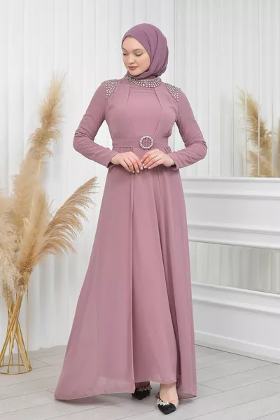 فستان سهرة شيفون بحزام مع أحجار على الكتفين