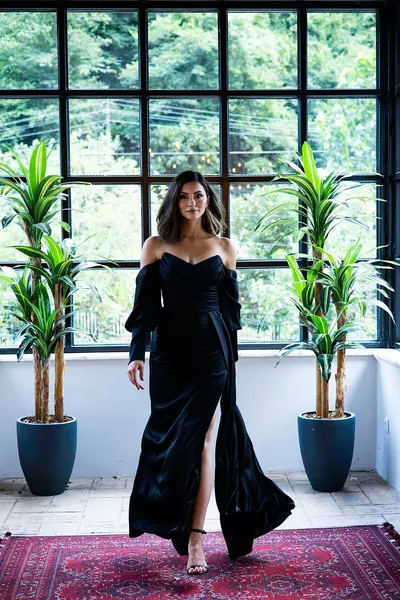 Zwarte Ballonmouw Satijnen Avondjurk