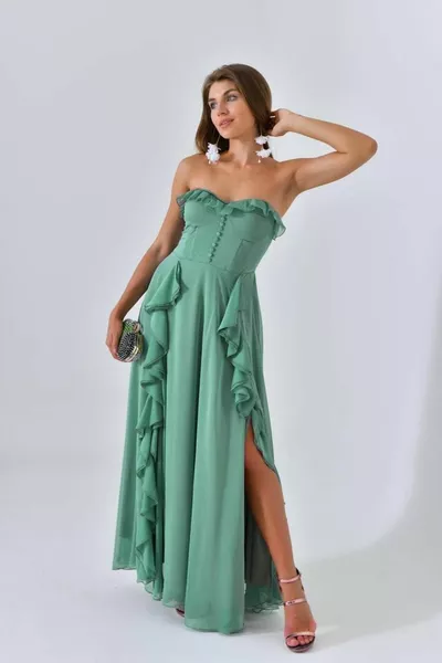 TRAPLEZ MODEL RUFFLE DETAILED JANJAN CHIFFON EVENING DRESS