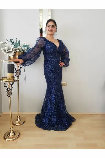 ДАМСКА ТЪМНОСИНЯ СРЕБРИСТА МАТЕРИЯ С ДЪЛЪГ РЪКАВ ВЕЧЕРНА РОКЛЯ С ДИЗАЙН РИБА