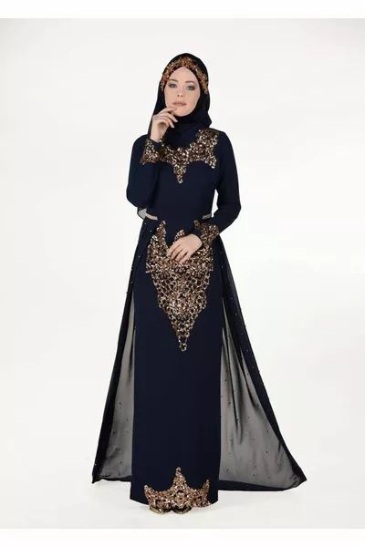 المرأة الأزرق الداكن الخصر الشيفون اللؤلؤ مفصلة مساء اللباس 