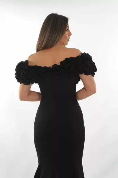 Black Boat Collar Sleeve And Collar Rose Detailed Fish Women's Evening Dresses