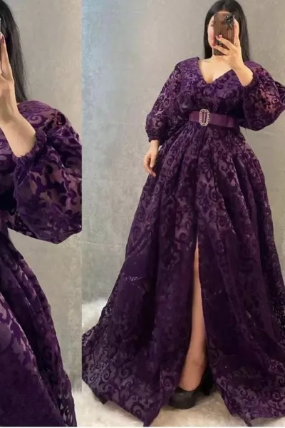 Flock Printed Low-Cut Slit Belted Long Evening Dress on Glass Organza