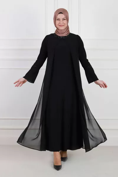 Plus Size Hijab Chiffon beschichtetes sandiges Abendkleid  Schwarz
