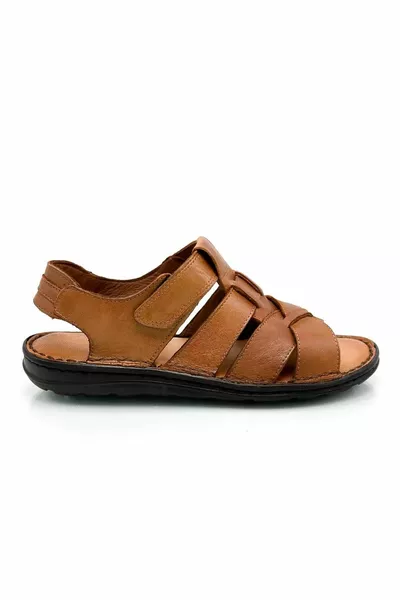 Sandali da uomo in vera pelle Velcro Cross Tan