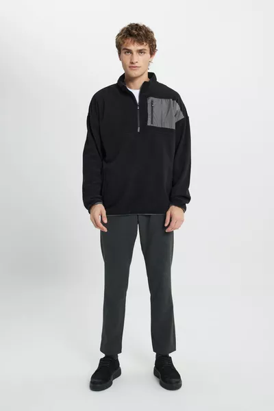 Мъжки черен оверсайз свободна кройка Stand-Up Bato яка Джоб с детайлен цип студоустойчив поларен суитшърт