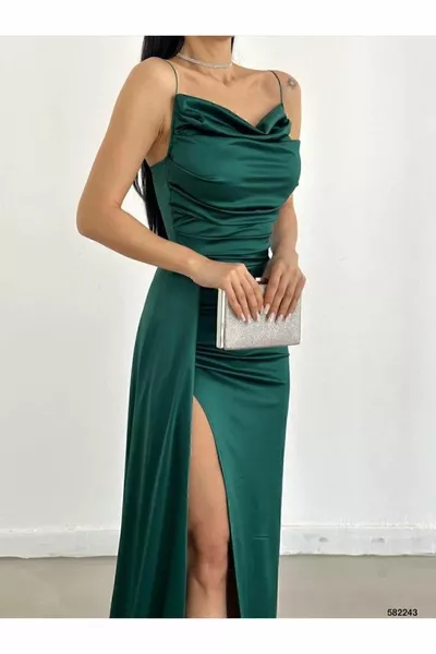 zümrüt Saten Ön Pileli Abiye Elbise