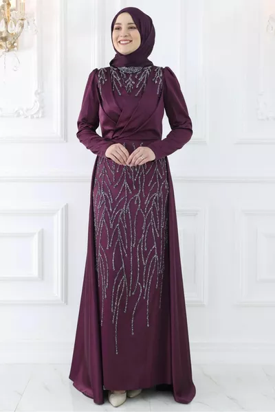 Жените слива шарени камък подробни сатен плат Nihal вечерна рокля с драперия детайл