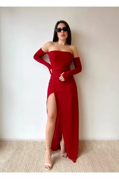 حمالة وهمية الأكمام اللباس بريق النسيج اللباس فستان طويل مع شق