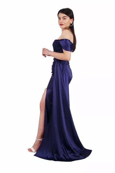 Тъмносин камък бродирани прозрачни сатен вечерна рокля