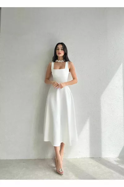 Жените атлас плат площад врата бял разкроен Midi вечерна рокля 