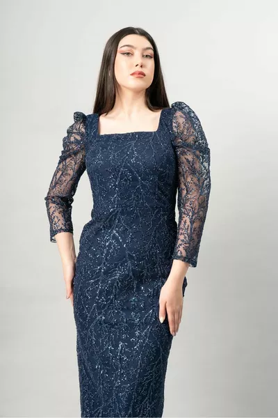 الأزرق الداكن مربع طوق بريق طباعة ميدي طول فساتين السهرة