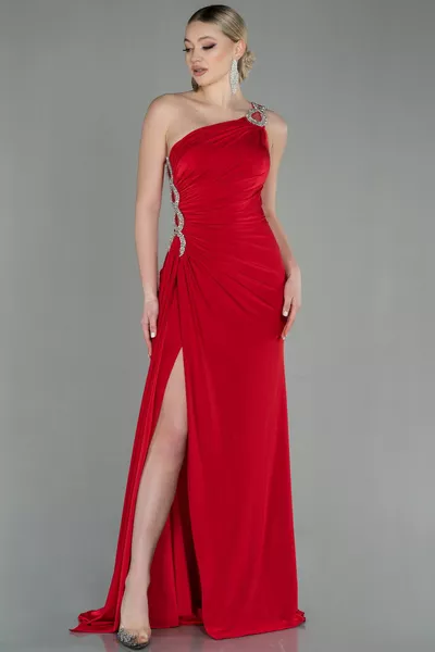 Red Stone Single Shoulder Leg Low-Cut Long Evening Dress 