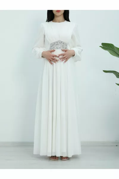 Önü Drapeli Beli Bağlamalı Taş Detaylı Abiye