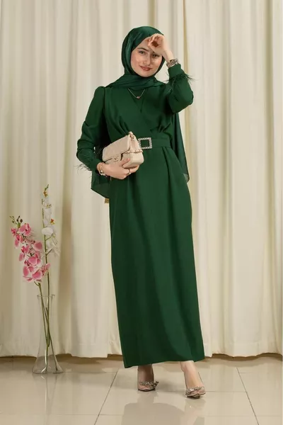 Venus Arm Feather Detailed Evening Dress-Emerald Green