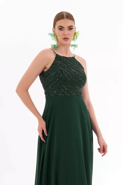 Robe de soirée longue à sequins émeraude