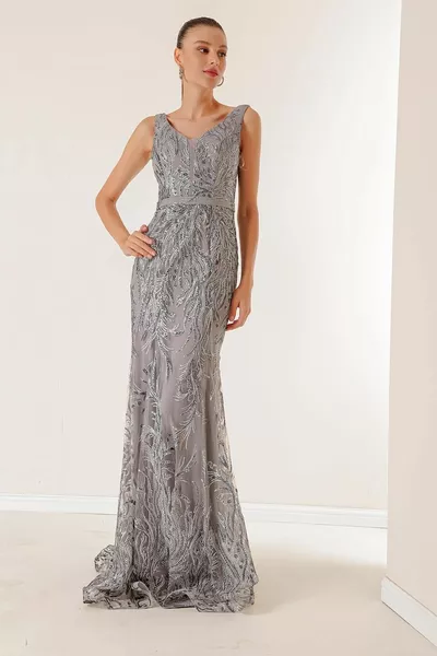 V-образно деколте облицована блясък стадо печат дълга рокля